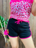 DLH14019  Black&fuchsia line/bottom with string side patch women shorts