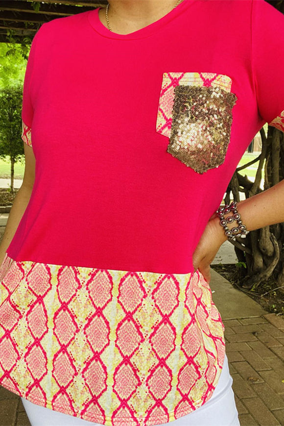YMY9183 Fuchsia/snake skin printed top w/sequin double pocket short sleeves women tops