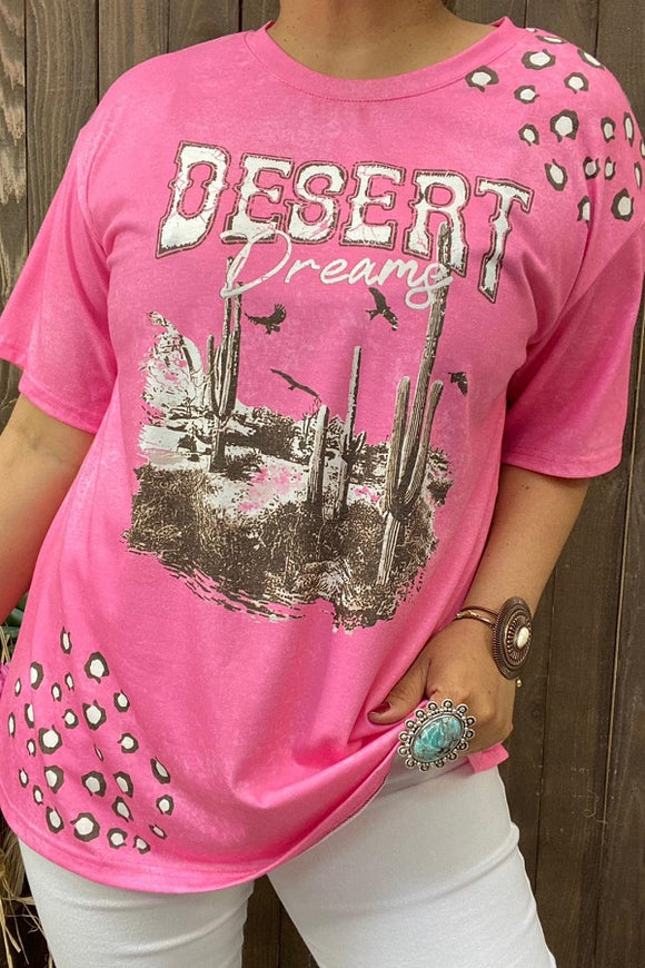 DLH14765 DESERT DREAMS Cactus&Leopard printed pink short sleeves women tops