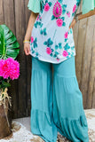 solid turquoise color ruffle straight long women pants YMY14804