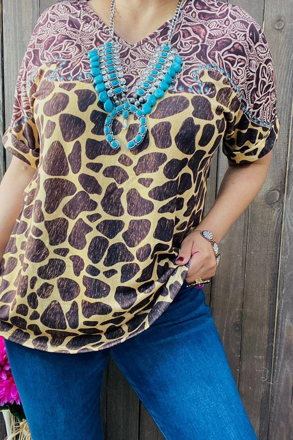 XCH14421  FLORAL & ANIMAL PRINT,TAN AND BROWN WOMEN TOPS