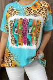 XCH12552 Turquoise leopard multi color printed short sleeves t-shirt