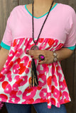 XCH14773 Pink & Leopard printed color block short sleeve women blouse