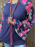 GJQ14444 Floral multi color printed long bell sleeve navy women tops