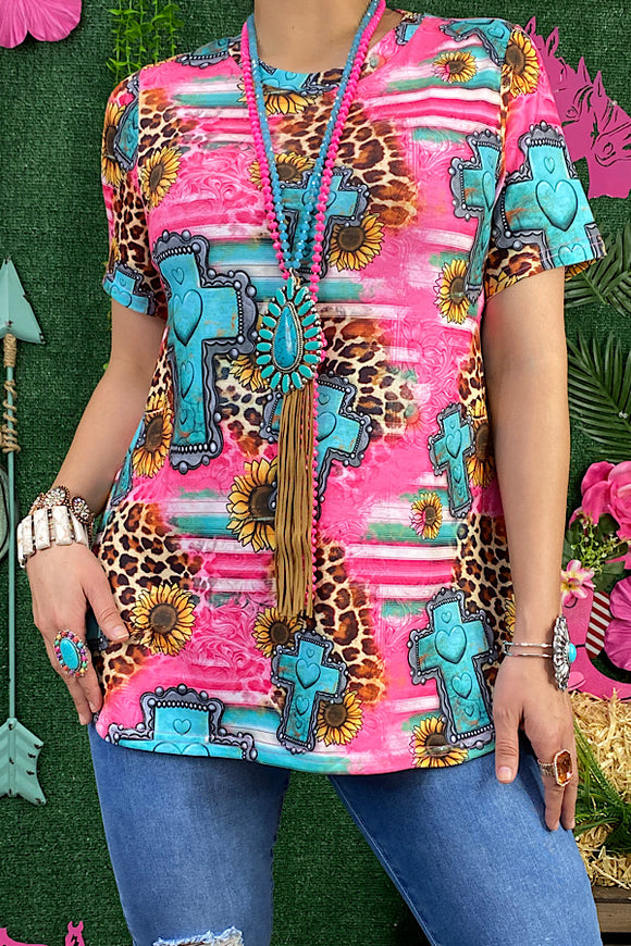 Turquoise cross & pink leopard printed short sleeve top BQ12452