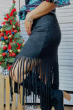 Black fringe trim asymetrical hem faux suede skirt BQ14114