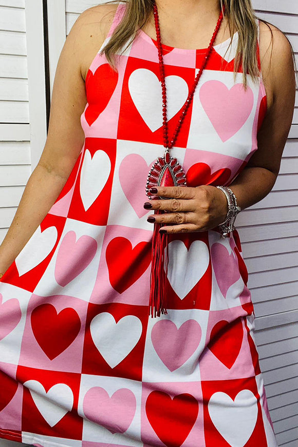 Pink,White,Red hearts printed sleeveless dress BQ14560