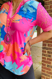 BQ15014 Turquoise & pink & yellow prints women top w/lace short sleeve