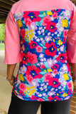 BQ15017 Multi color floral prints & pink color block 3/4 sleeve women top
