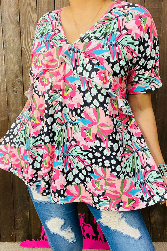 BQ15024 Multi color floral prints short sleeve women top w/ruffle