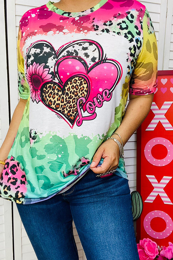 Multicolor love hearts & leopard printed short sleeve top DLH13025