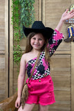 DLH2343 (A4S4)  Checker pink & black one sleeve crop top w/pink distressed shorts 2pc girl set DLH2343
