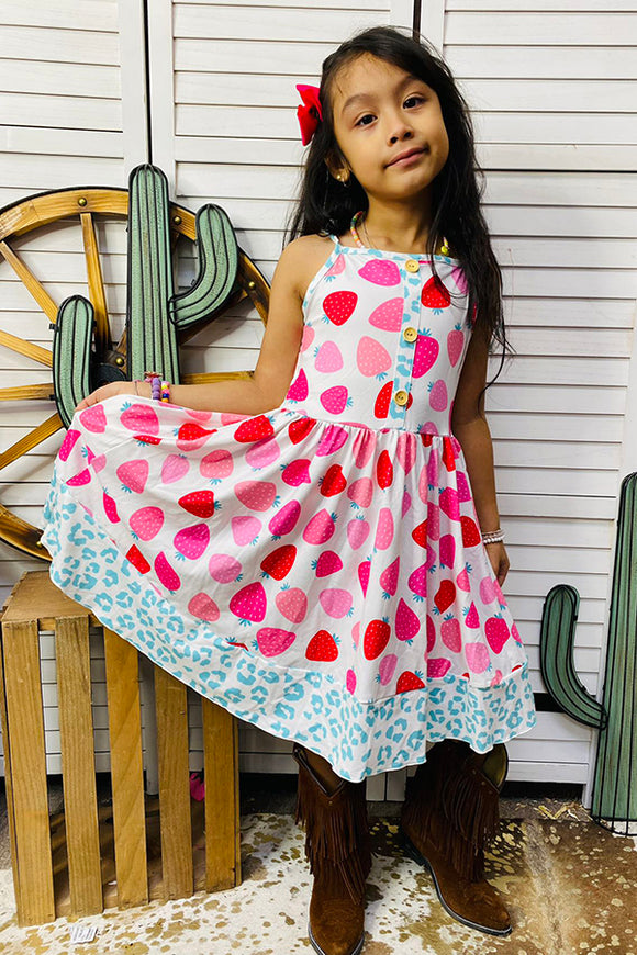 Kids strawberry sleeveless girls dress w/turquoise leopard trim DLH2431 (A1S3)