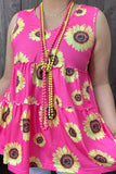 GJQ14436 Sunflower prints pink background sleeveless baby doll women top