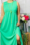 Green long style sleeveless women dress with leg slit GJQ14594-2