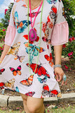 GJQ14885 Multi color butterfly prints women dress with pink ruffle short sleeves