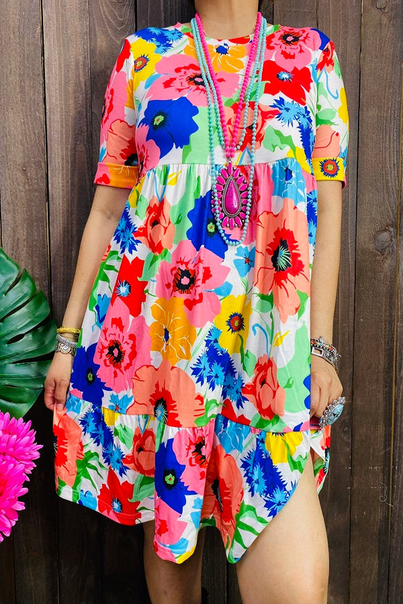 Spring multi-color floral ruffle bottom baby-doll short sleeves women dresses GJQ15027