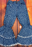 DLH2522 Leopard printed blue denim bell bottom girl jeans