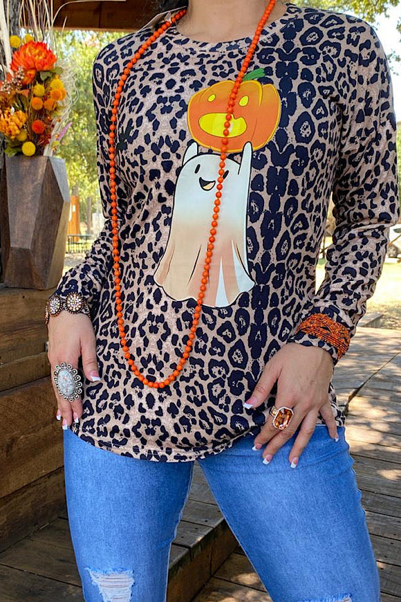 Leopard long sleeve t-shirt w ghost & pumpkin DLH11197-1