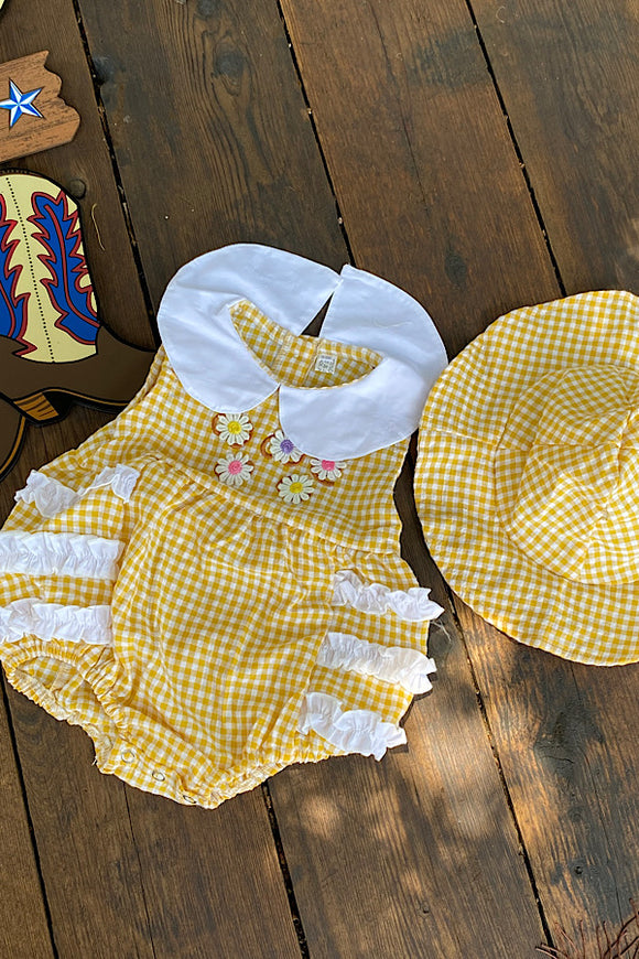 Yellow & white checkers baby romper w/embroidery details & hat included DLH2351