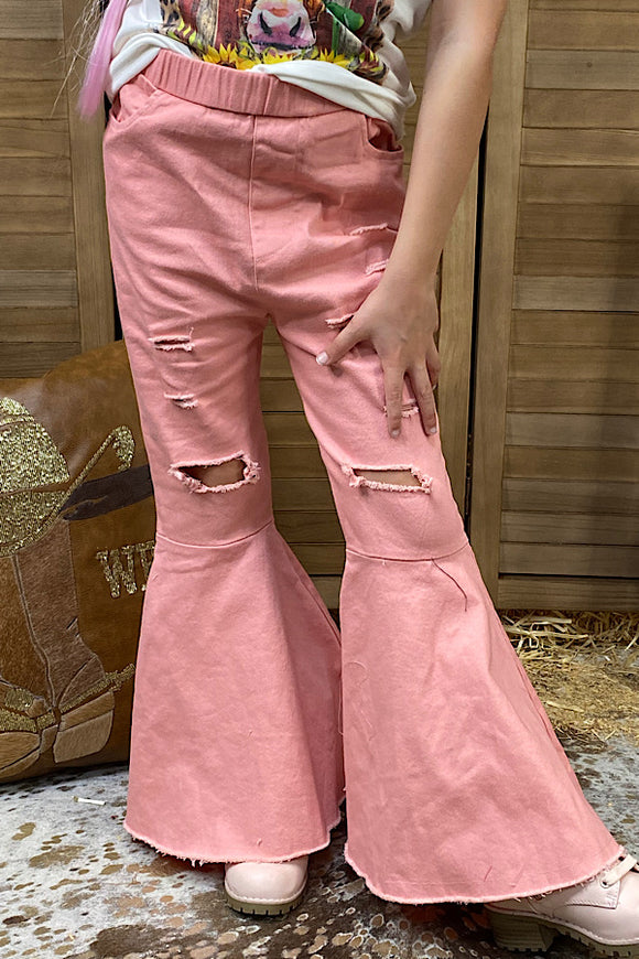 Pink distressed  bell bottom girl jeans 206014M