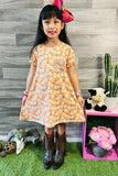 XCH0555-18H Floral printed short sleeve girls dress with sequin pocket (A2S1)