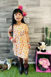 XCH0555-18H Floral printed short sleeve girls dress with sequin pocket (A2S1)