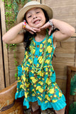 Turquoise yellow lemons printed girl dress w/pockets XCH0888-8H (A2S1)