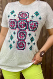 XCH14333 Turquoise & Pink Aztec printed short sleeve women top