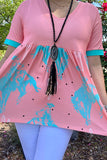 XCH14892 Pink & Horse riding prints short sleeves baby-doll women blouse