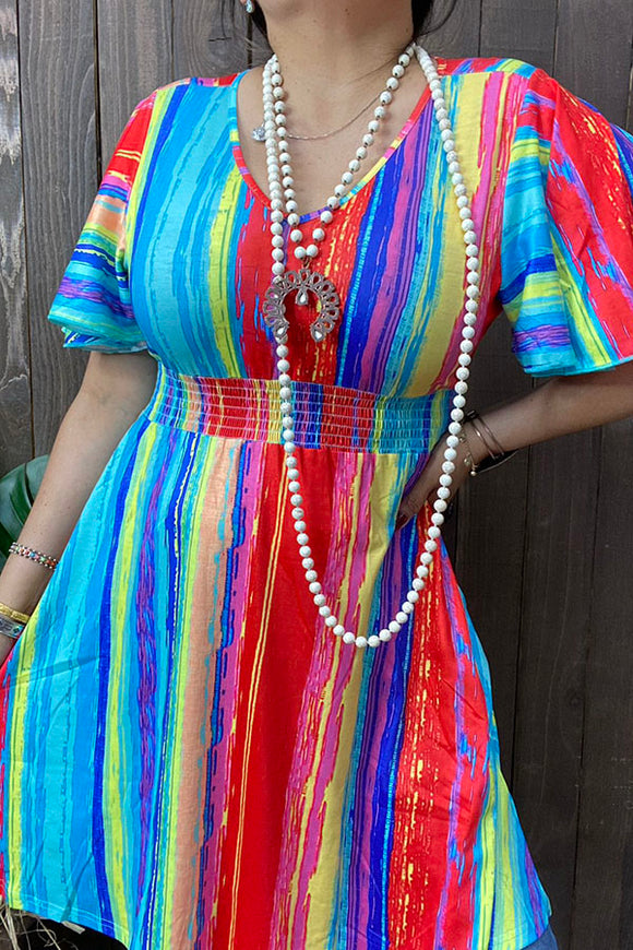 XCH15181 Multi color striped women dress w/bell sleeves