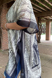 YZ170416 Navy blue paisley printed kimono w/tassels