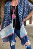 YZ225020 Navy blue & pink printed kimono with tassels