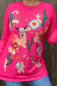 XCH14126 Cactus&boots multi color printed fuchsia fabric long sleeves women tops