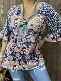 GJQ14215 Paisley&leopard multi color printed ruffle 3/4 sleeves raglan women