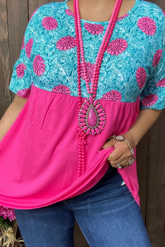 XCH14853 Turquoise& Fuchsia floral multi colors printed baby doll short sleeves women tops