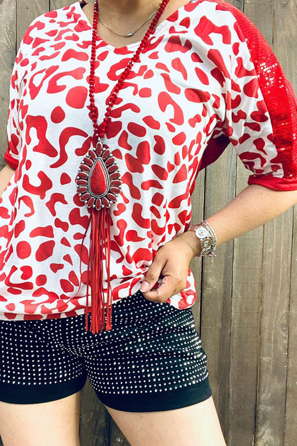 Red leopard printed w/sequin part short sleeves women tops BQ13416