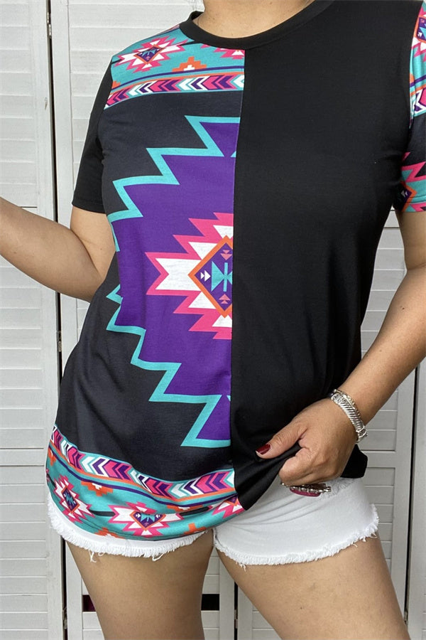 Women's Multi Color Aztec Sleeve Round Neck Top