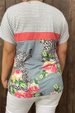 YMY10266 Leopard/rose multi color block striped short sleeve top w/criss cross neckline