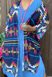 XCH14545 Aztec striped multi color printed 3/4 sleeves slits side cardigan