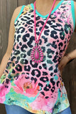 XCH14681 Floral & leopard printed women tank tops w/turquoise trim