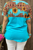 XCH12481 Sunflower &Aztec multi color printed Turquoise short sleeves women tops