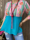GJQ9144 Striped&Floral block turquoise multi color printed 3/4 sleeves women tops