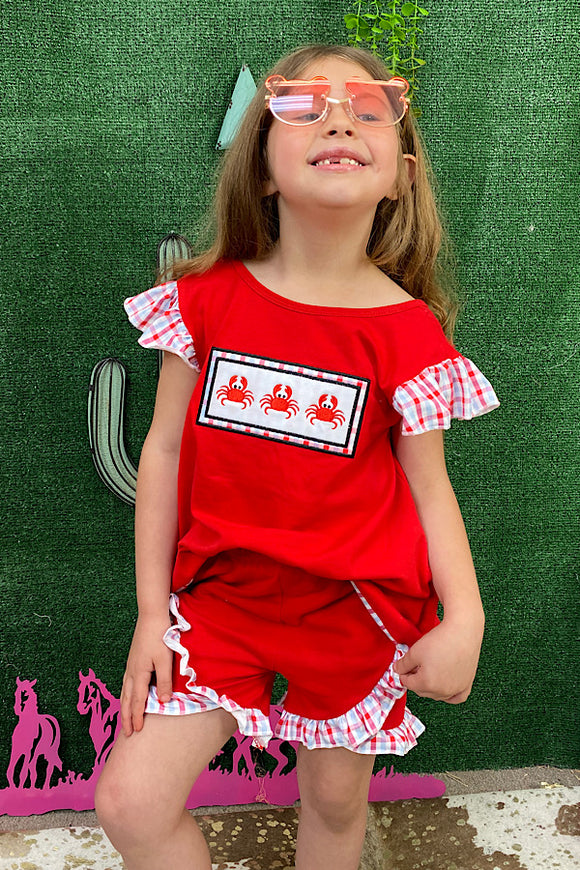 1104WY (A3S7) Red crab embroidery ruffle girls shorts set w/bow in the back 1104WY