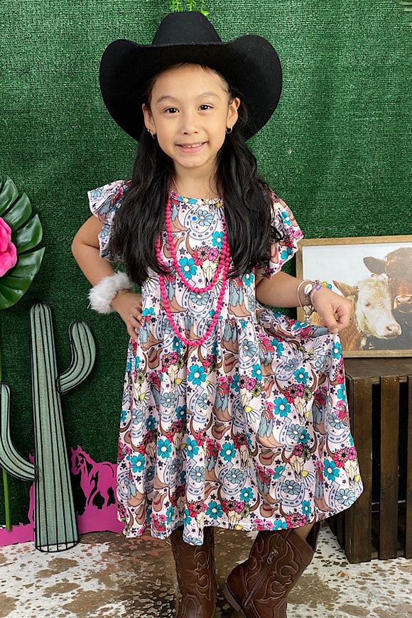 Multi color Western/floral print girls dress 1110WY (A1S6)