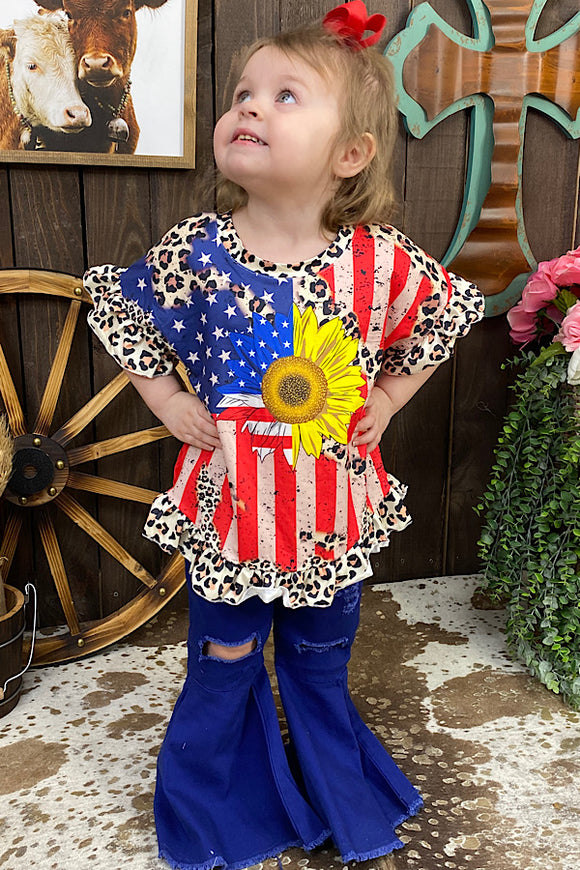 USA flag & sunflower printed girls top w/ruffles DLH1212-13