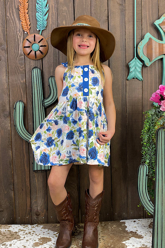 (A3S9) BLUE FLORAL printed girl dress