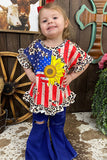 USA flag & sunflower printed girls top w/ruffles DLH1212-13