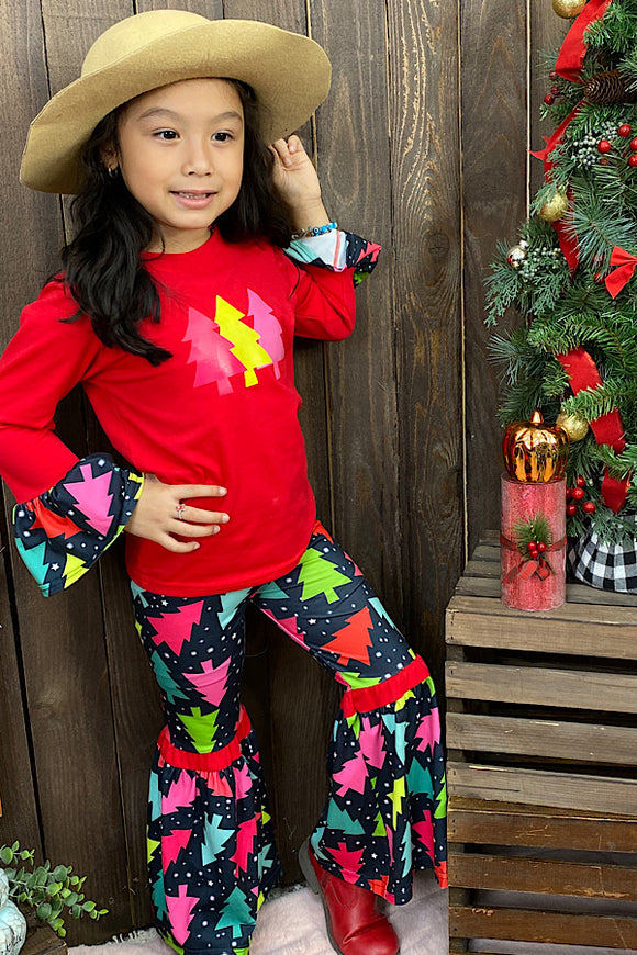 Multi color Christmas tree printed girl outfit DLH0824-17