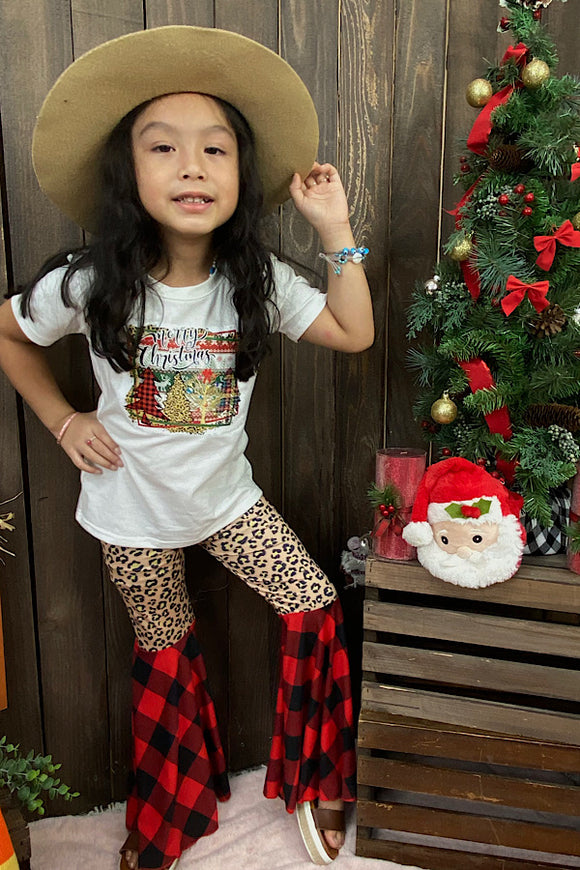 Merry Christmas leopard & plaid printed girl set DLH0913-11